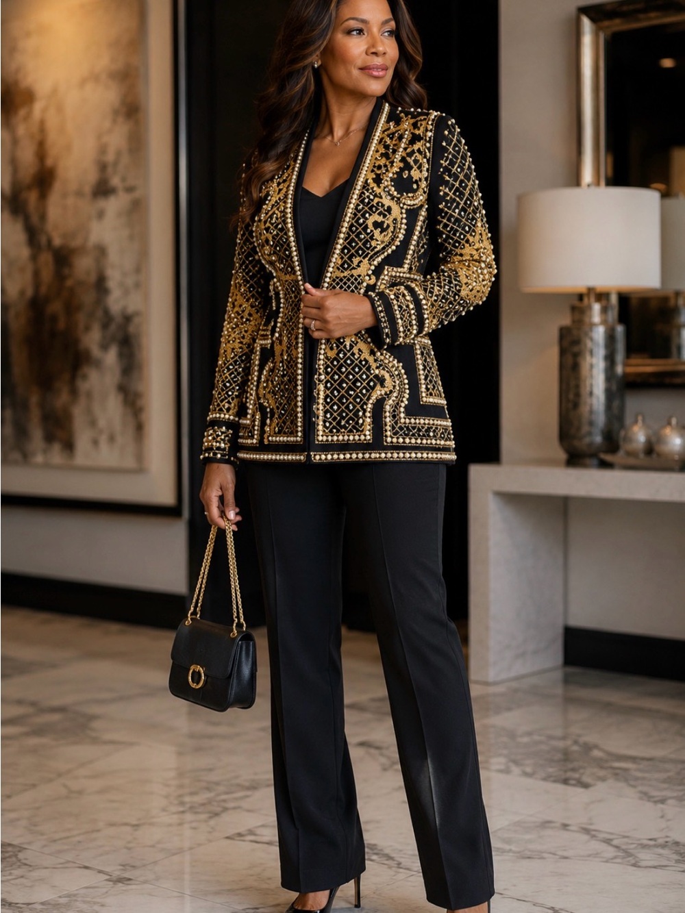 LuxeDress Women’s XL Black Gold Pearl Embellished Blazer Jacket Formal NWT